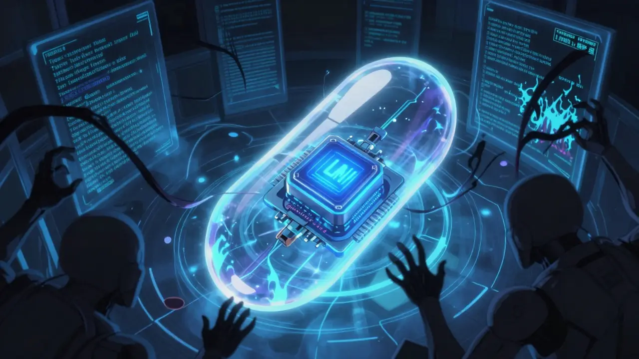 A microscopic LLM core inside a shielded capsule resists linguistic attack tendrils with semantic filters glowing blue.