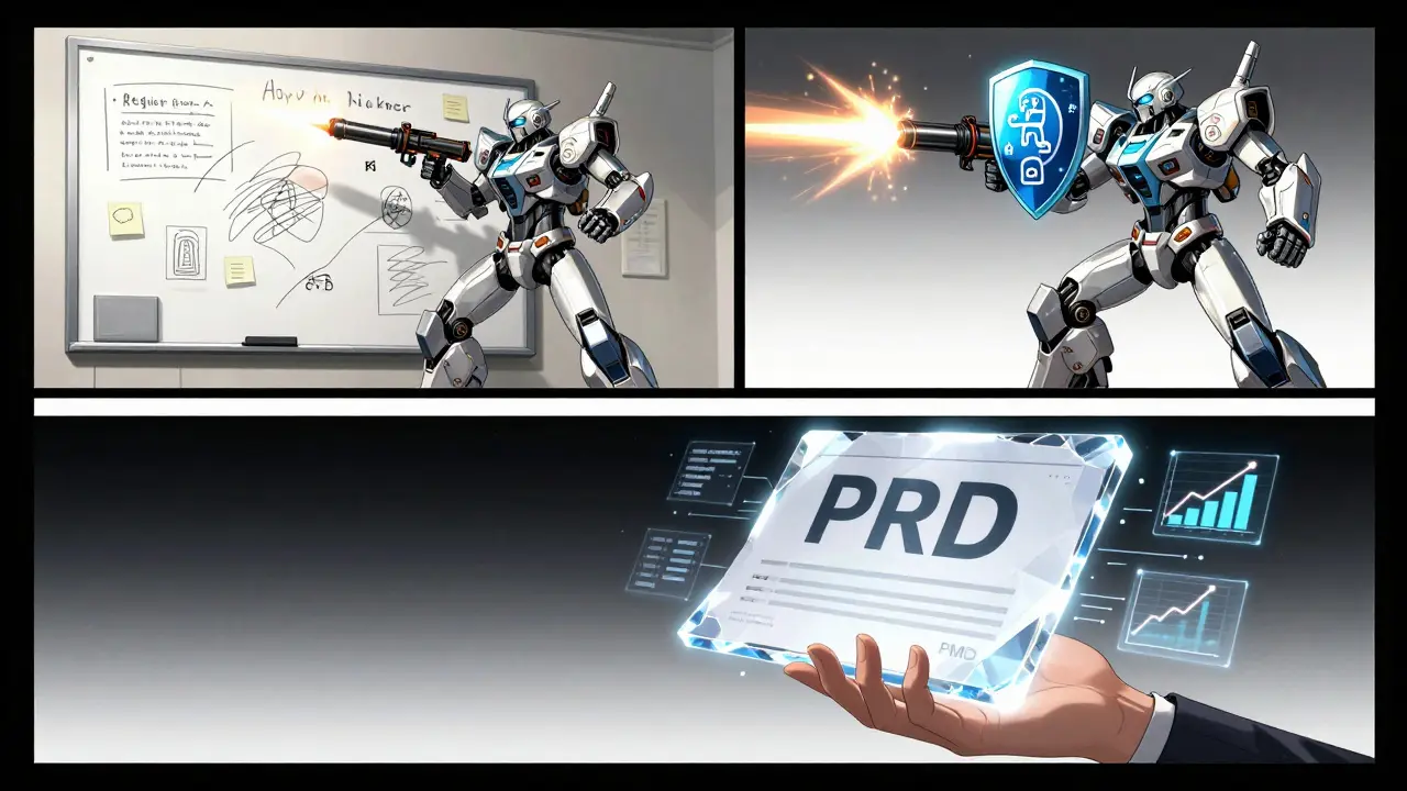 A PRD evolves from messy notes to a polished document, guided by two robotic AI agents in a three-panel sequence.