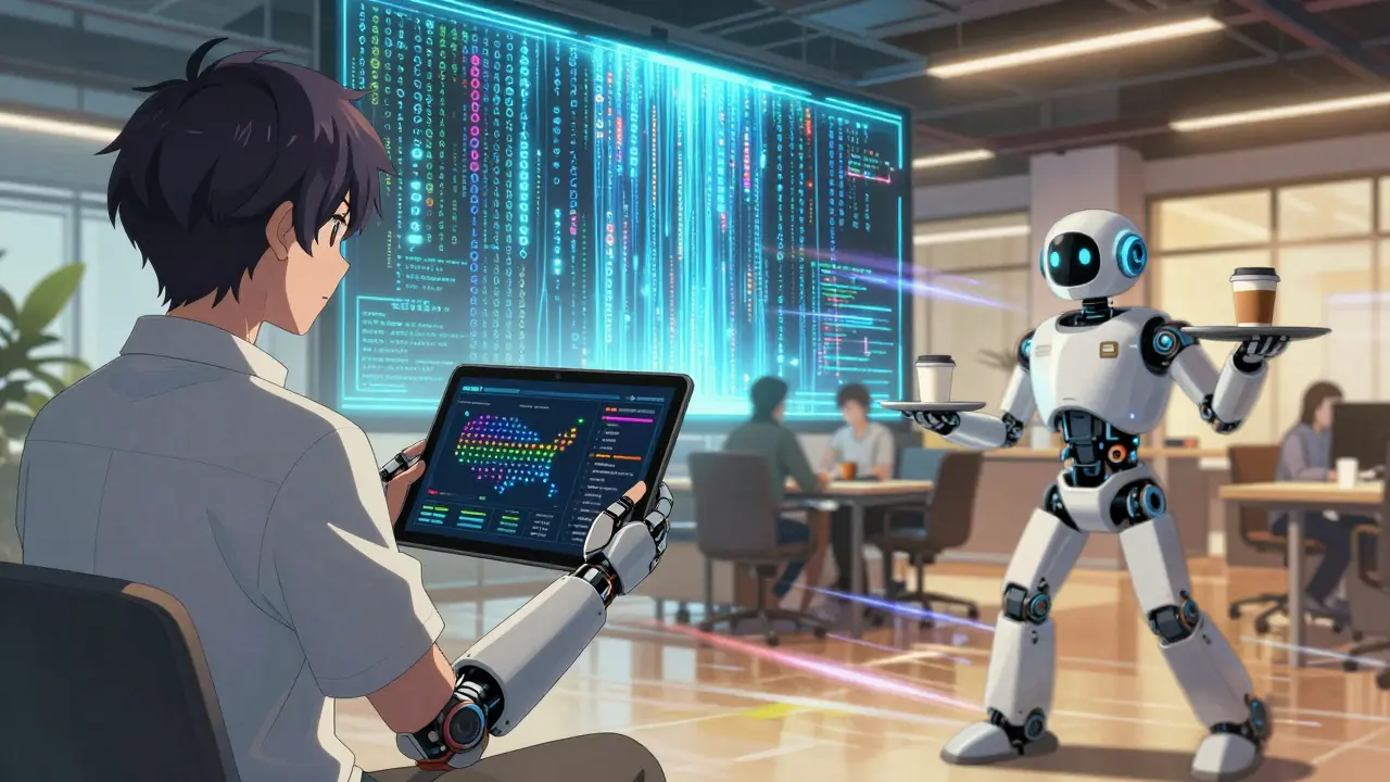 A product manager views a live sales dashboard with glowing U.S. maps as AI code flows behind them.