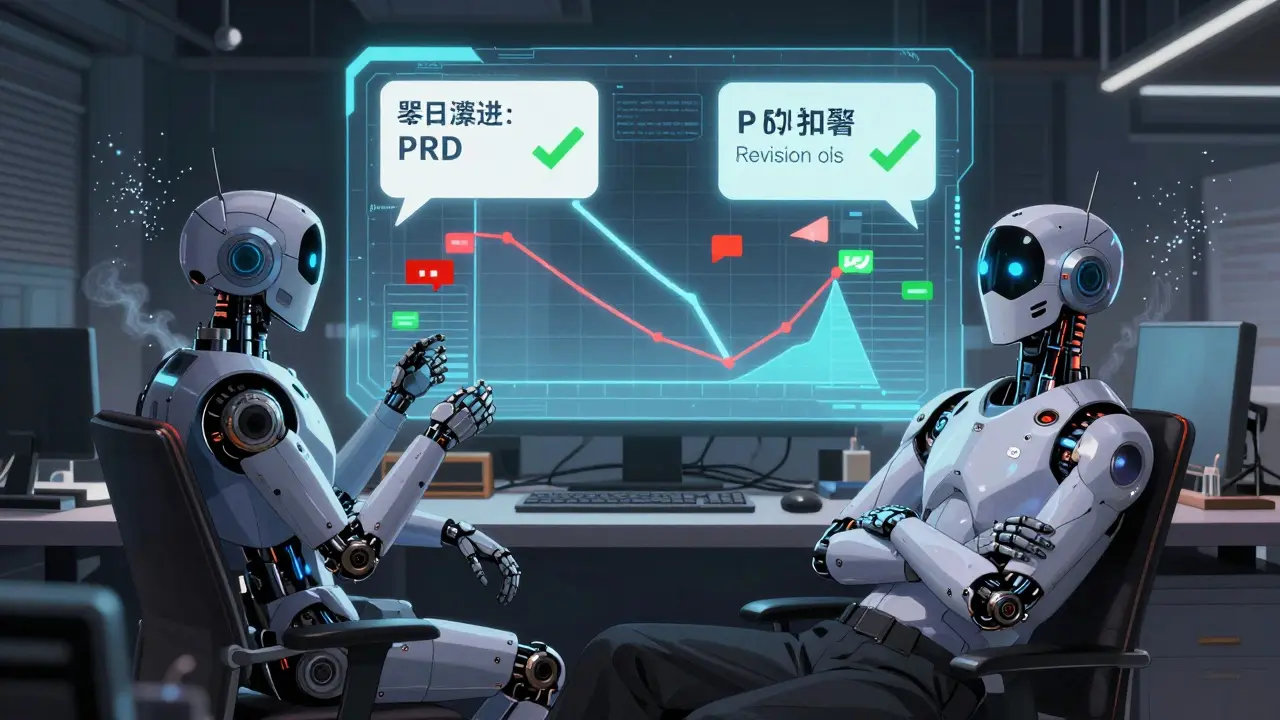 A product manager watches as two robotic AI agents refine a PRD with glowing annotations in midair.