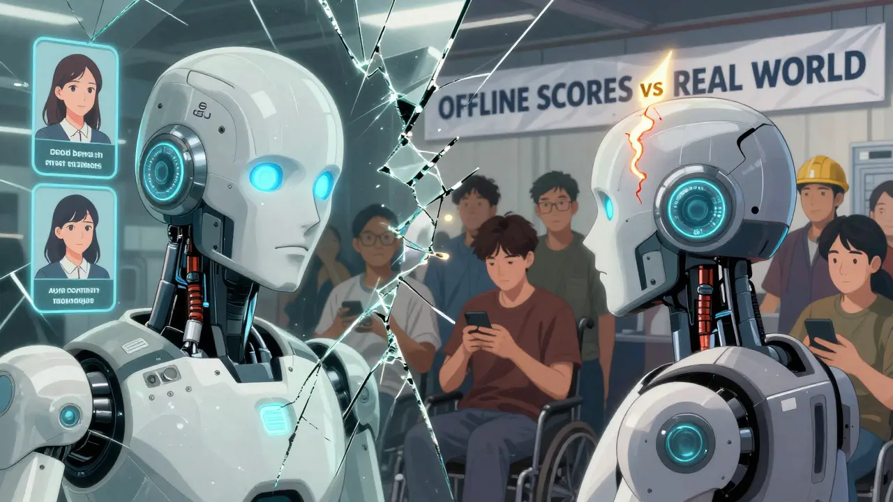 A robot's fractured reflection showing idealized benchmarks on one side and diverse real users with noisy inputs on the other.