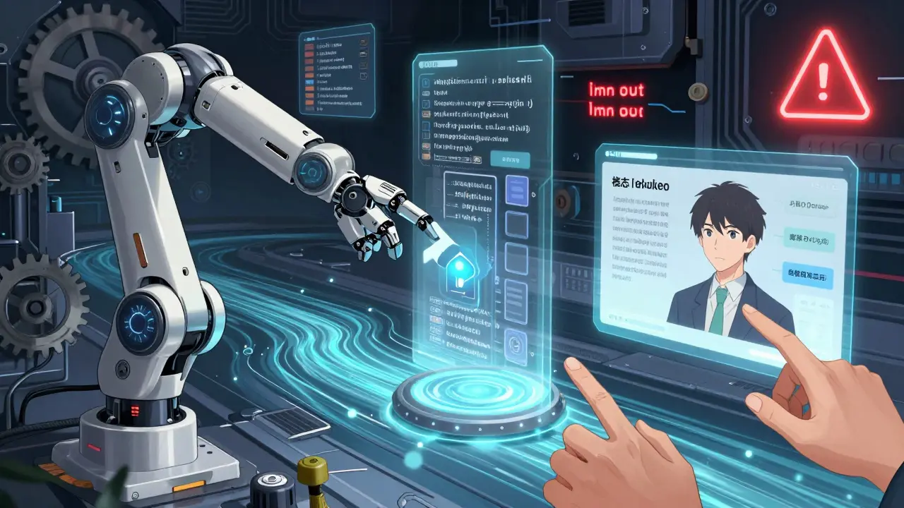 A robotic arm processes medical prompts through filters and logs, while token usage spikes in the background.
