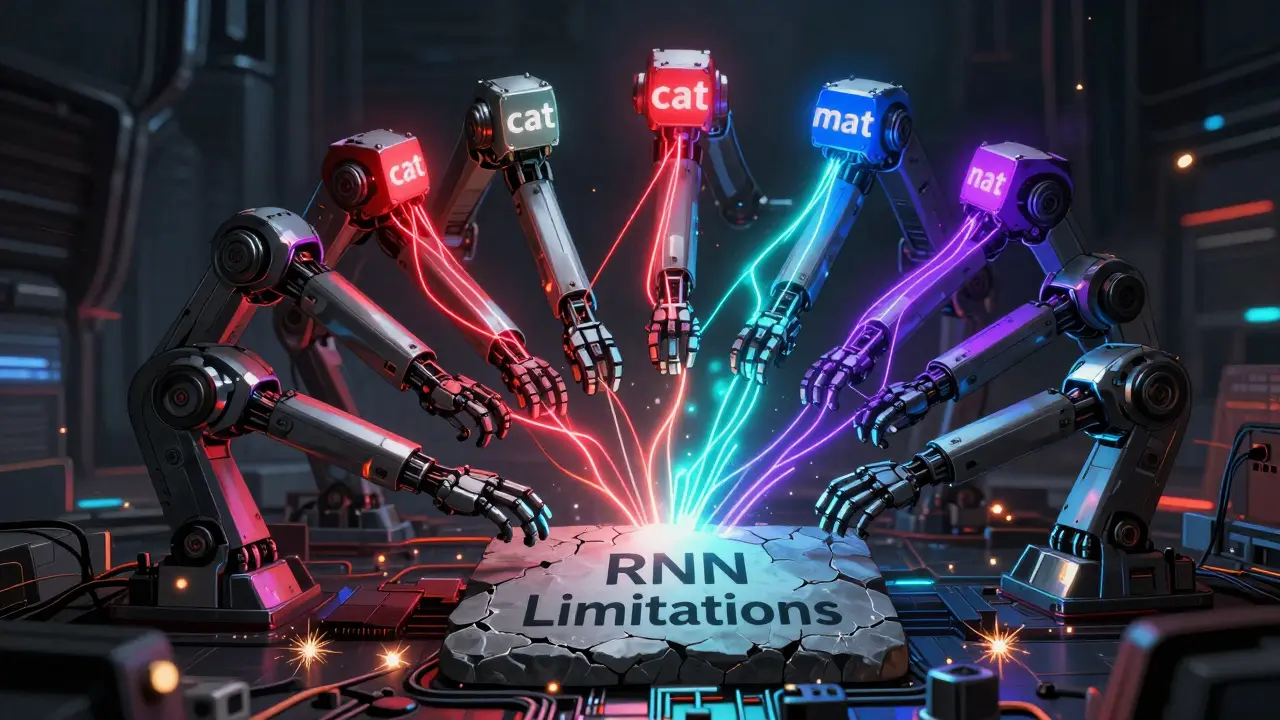 A robotic arm with twelve mechanical heads connecting words in a sentence with glowing data threads.