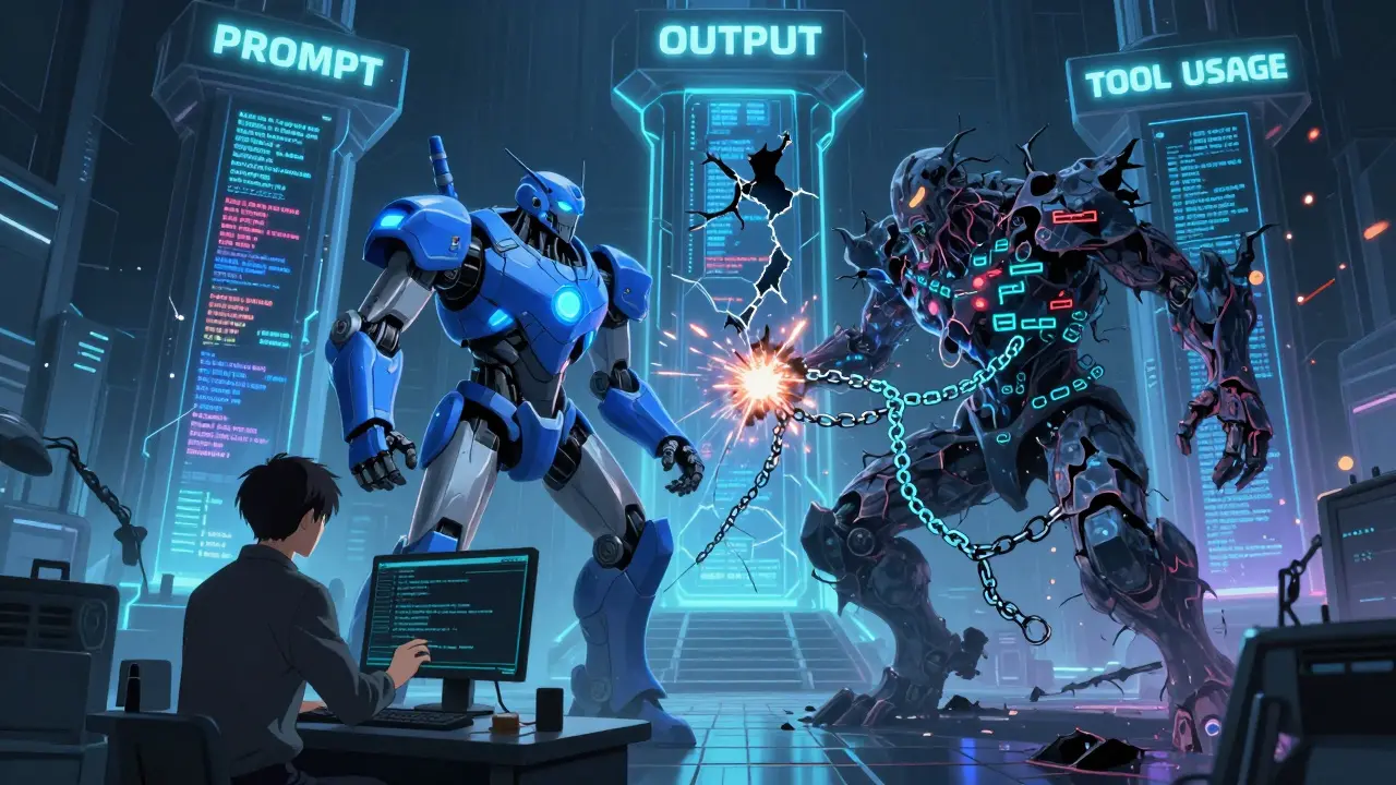 A robotic guardian defending against a data-leak monster, with three glowing pillars representing prompt, output, and tool usage logs.