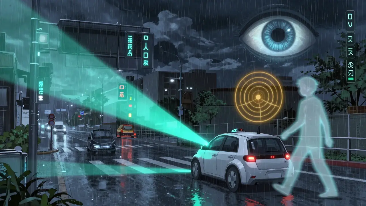 A self-driving car in a synthetic storm, surrounded by synchronized LiDAR, radar, and motion trails rendered in anime style with neon data glyphs.