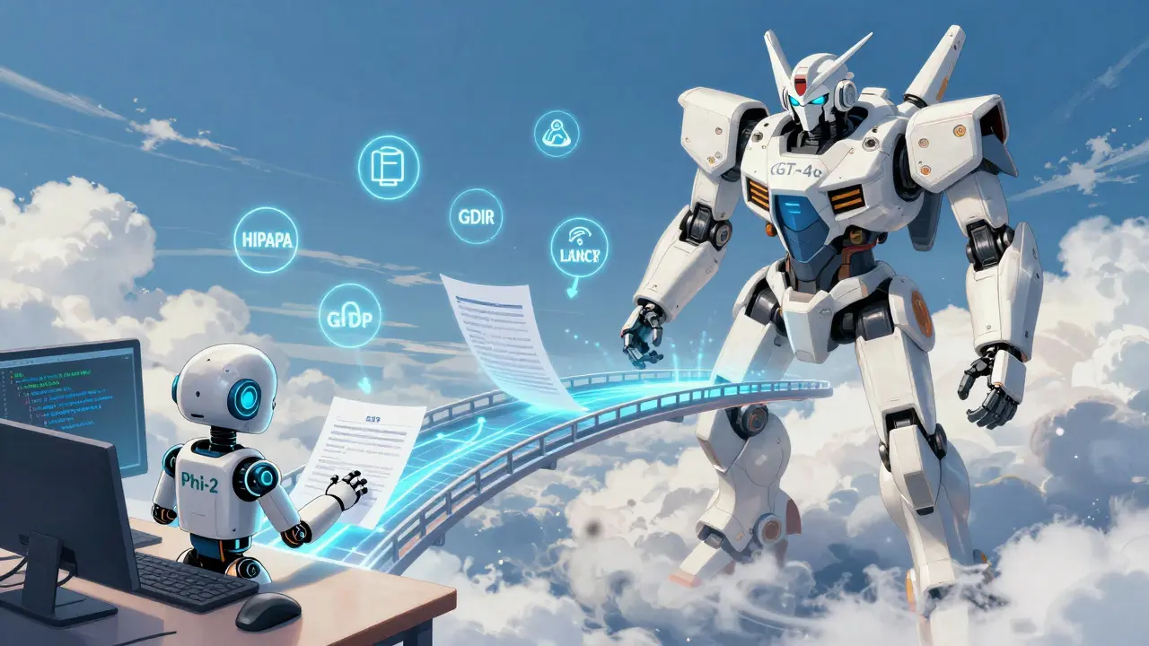 A small AI robot handles routine tasks as a towering mech descends from the cloud to assist with complex analysis.
