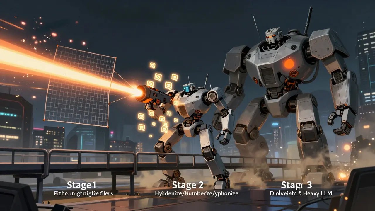 A three-stage defense pipeline robot system compresses chat inputs, with lasers, a nimble processor, and a dormant heavy analyzer in a cyberpunk cityscape.