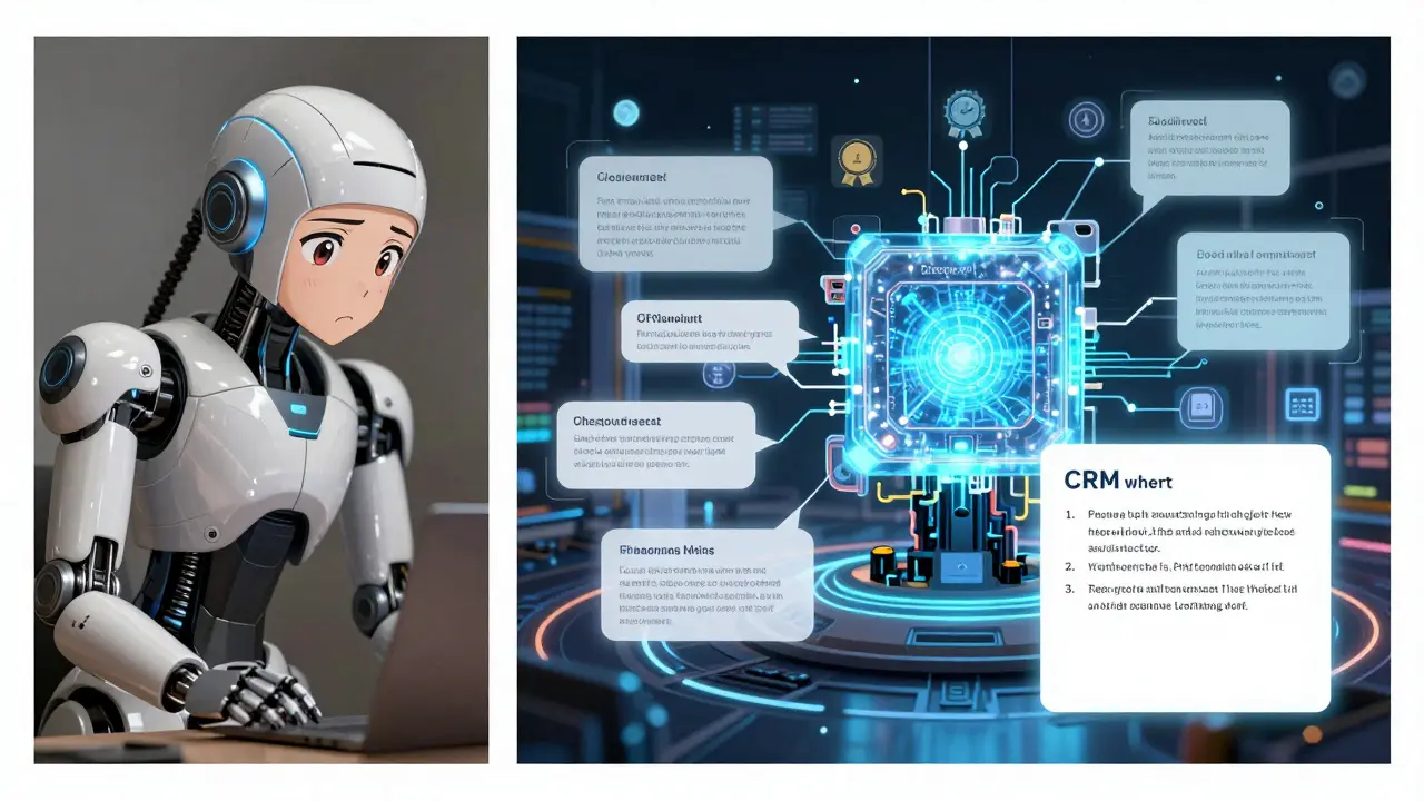 AI system transcribing a sales call and auto-generating structured CRM notes with sentiment tags.