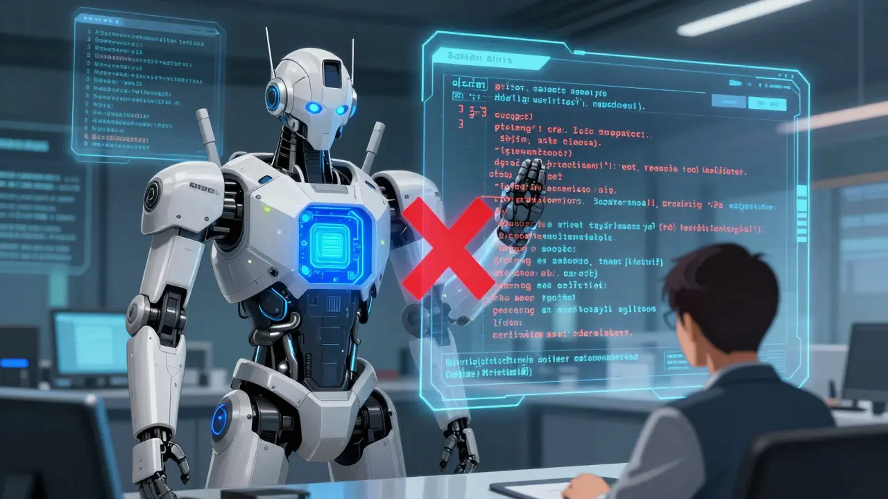 An AI agent refuses a safety-violating code request while a detailed audit log scrolls behind it in a digital control room.