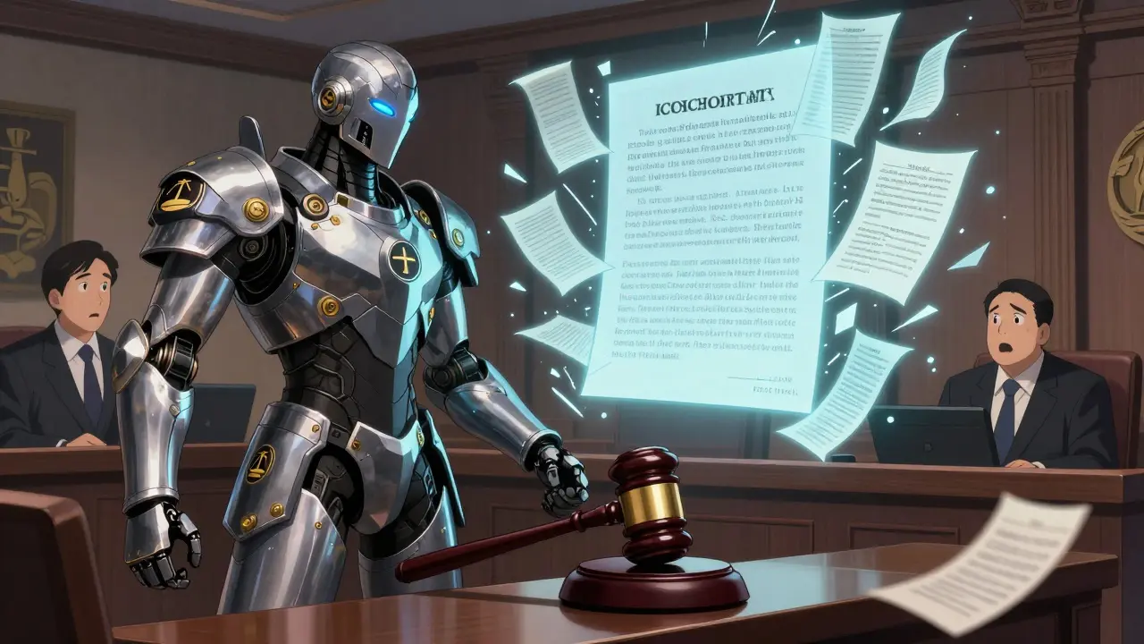An armored AI gavel projects past court rulings in a courtroom, assisting a lawyer during a legal argument.
