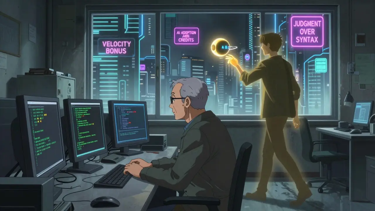 An isolated senior engineer sits among outdated tech as a younger developer walks into a futuristic city of AI-driven rewards.