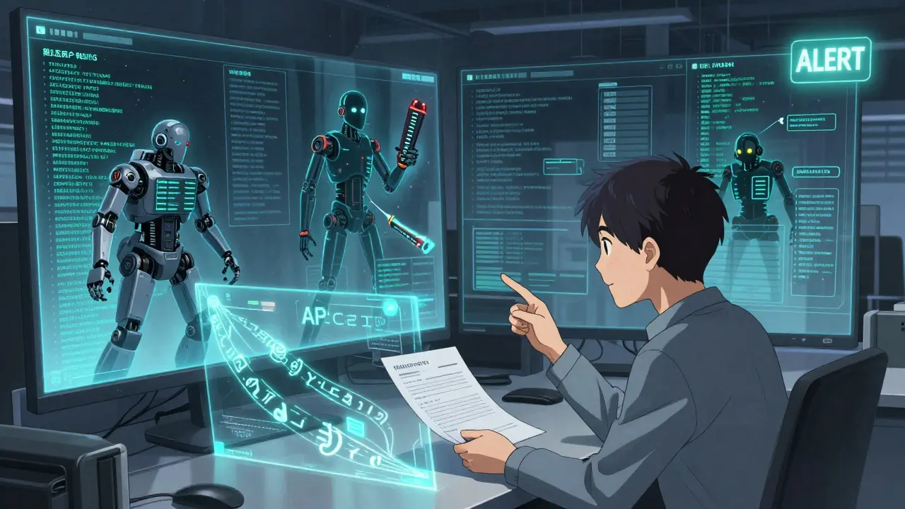 An office worker interacting with an LLM while cyber-ghosts emerge from its responses, with a telemetry overlay revealing hidden data flows.