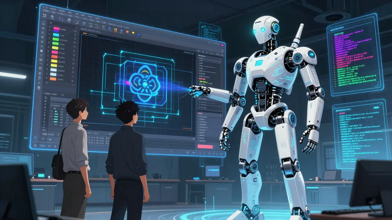 Designer and developer observe a giant AI robot transforming a Figma dashboard into animated React components with real-time metrics.