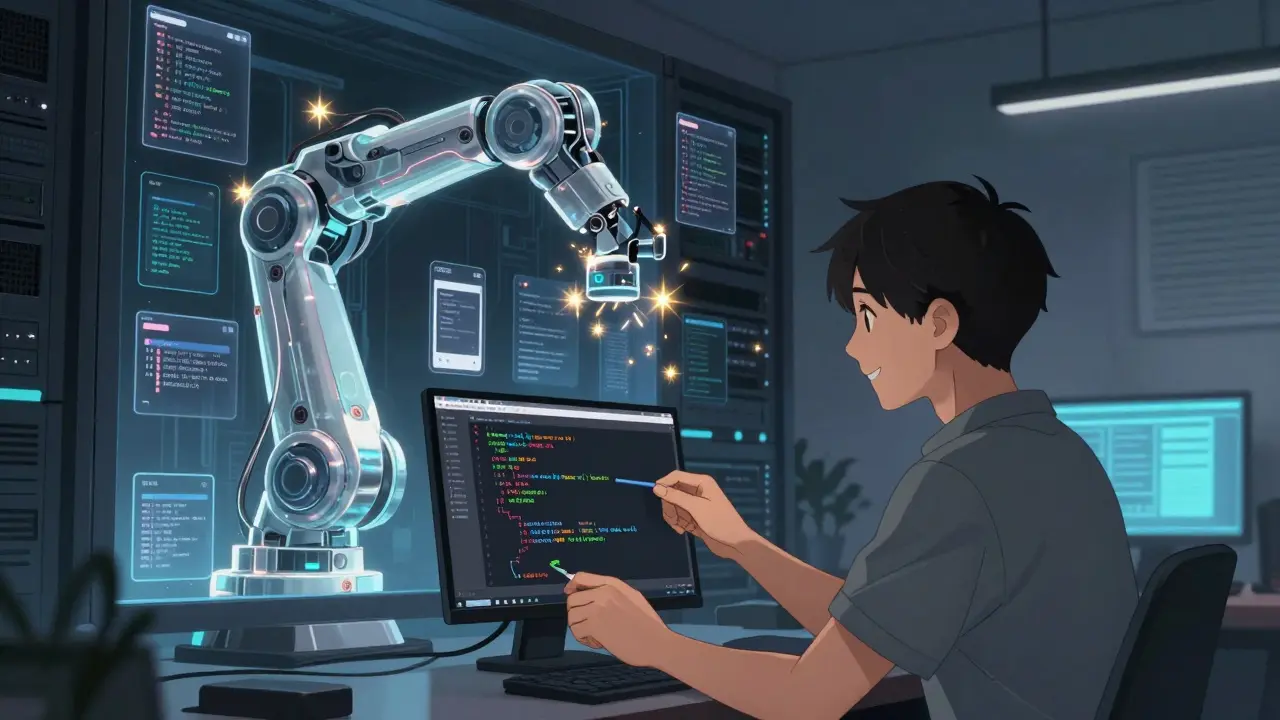 Developer pastes v0-generated code as a massive robotic arm assembles a responsive UI from a Figma frame in a dimly lit room.