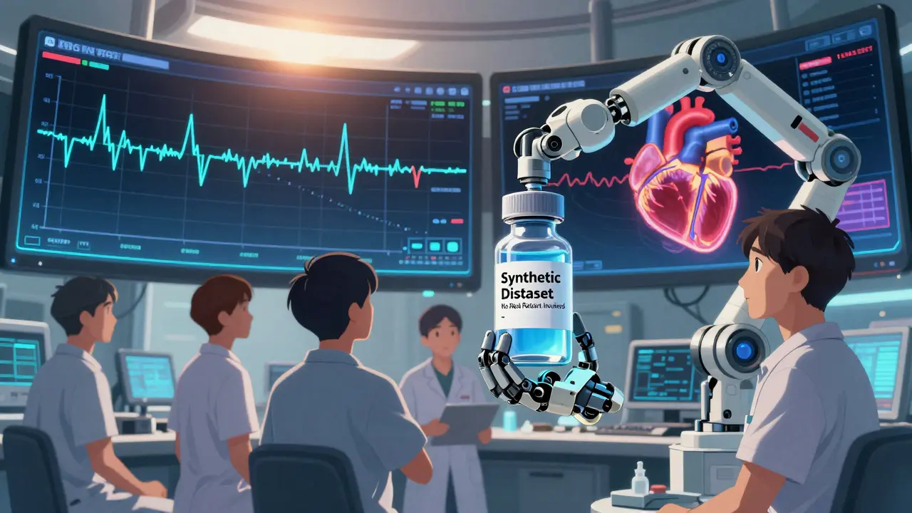 Engineers reviewing synthetic medical data on holographic screens, with a robotic arm holding a vial labeled 'Synthetic Dataset - No Real Patient Involved'.