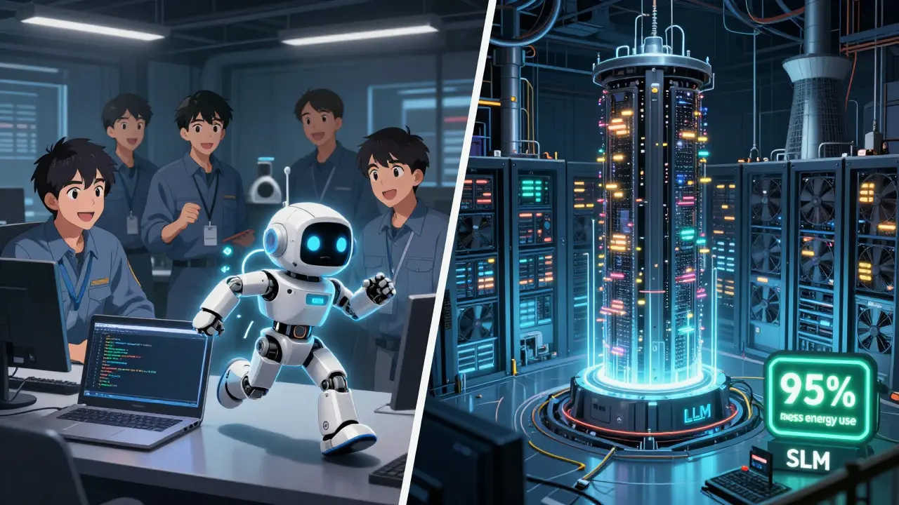 Engineers smile at a compact AI running efficiently on a laptop, while a massive data center consumes power in the background.