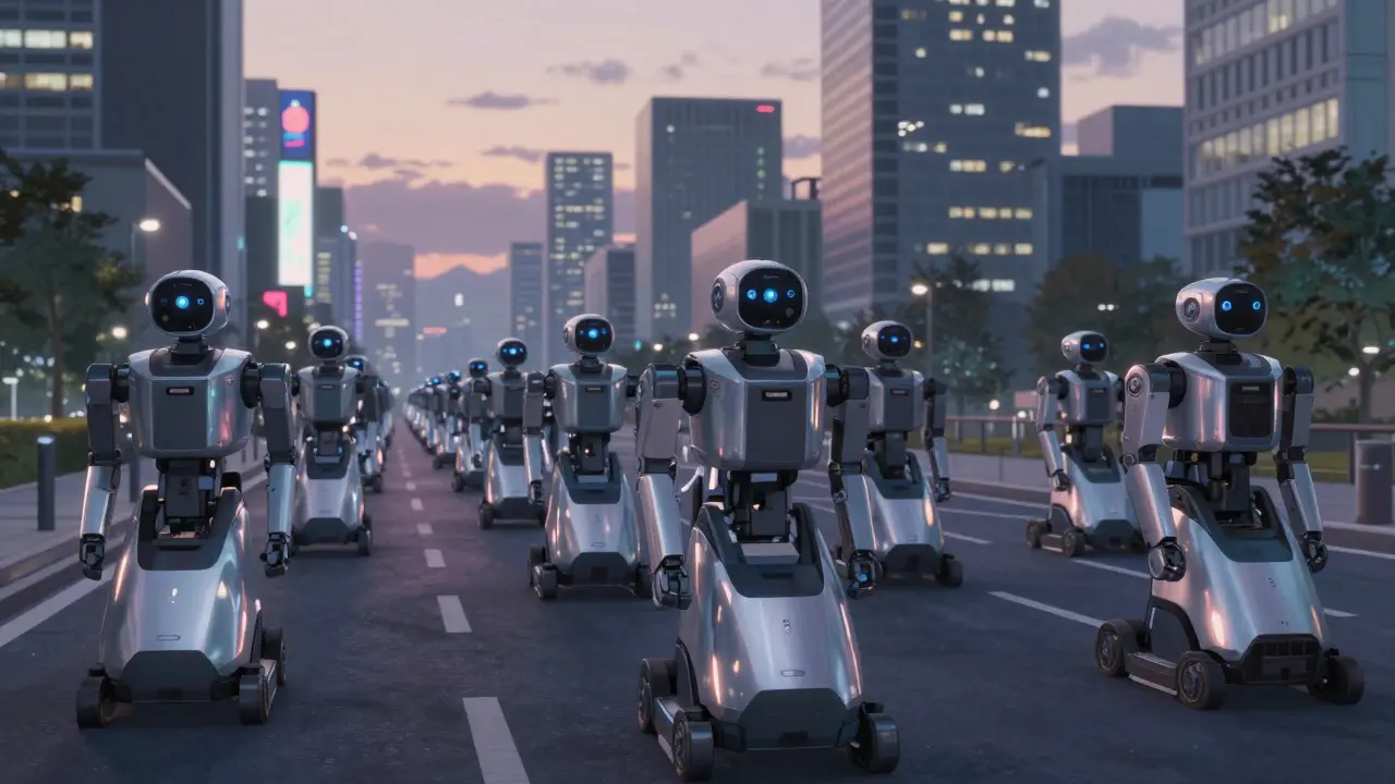 Fleet of autonomous robots patrolling a city at dusk.