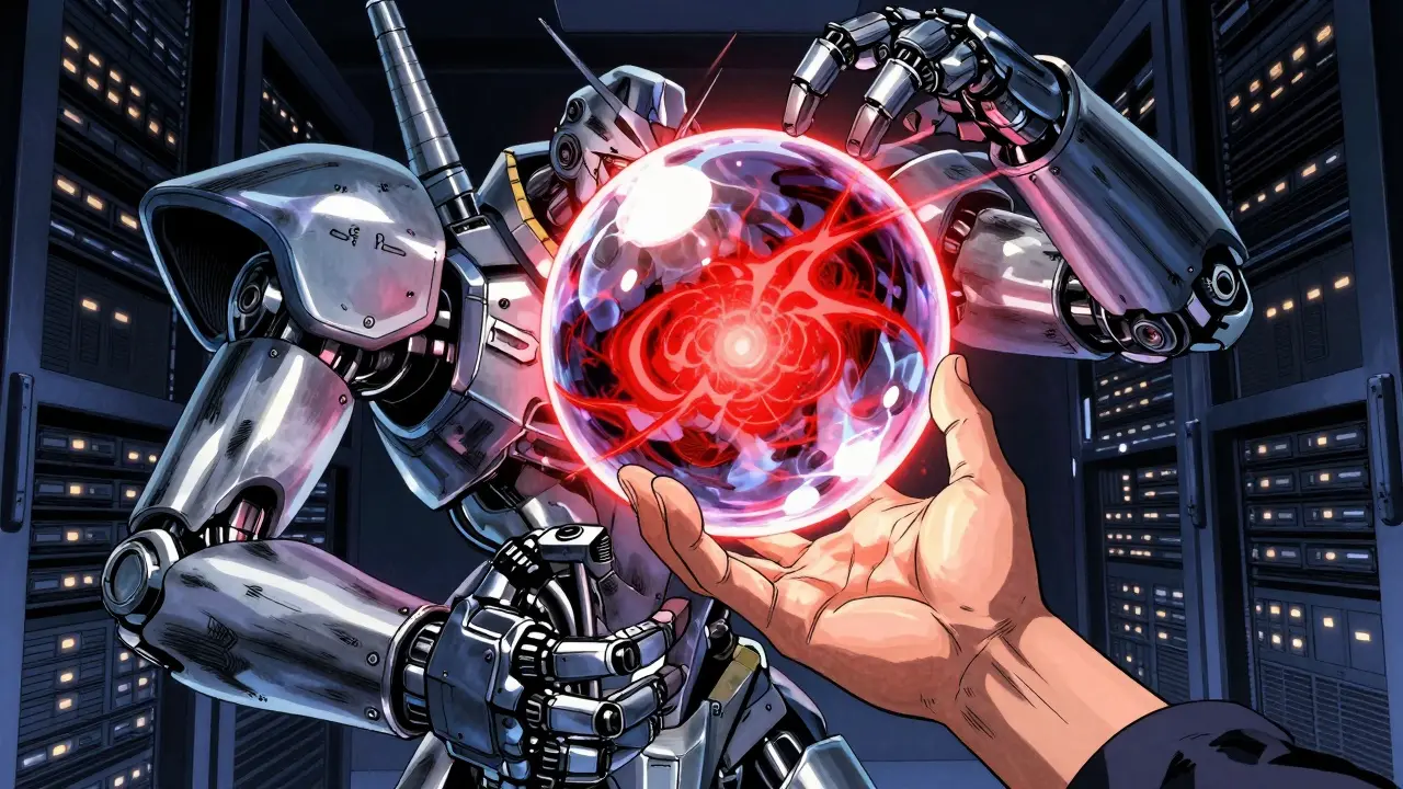 Human hand stabilizing energy sphere guarded by robotic arms.