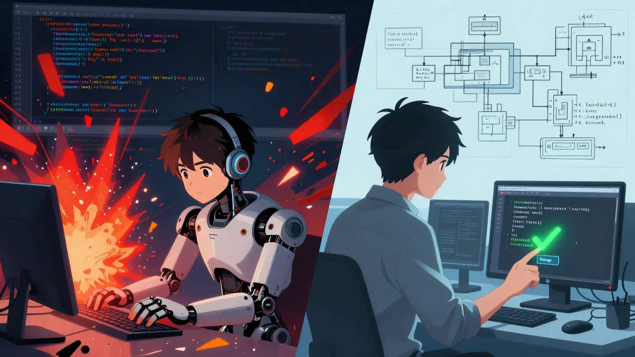 Junior developer overwhelmed by chaotic AI code vs. senior developer reviewing clean, intentional code.