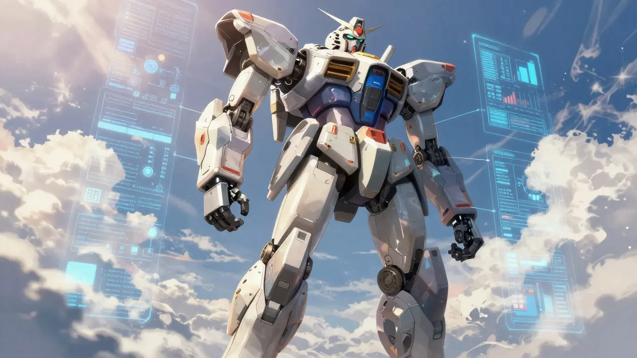 Massive machine ascending through digital landscape gaining armor