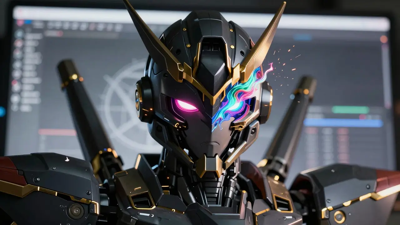 Mecha portrait showing split modes of logic and creativity.