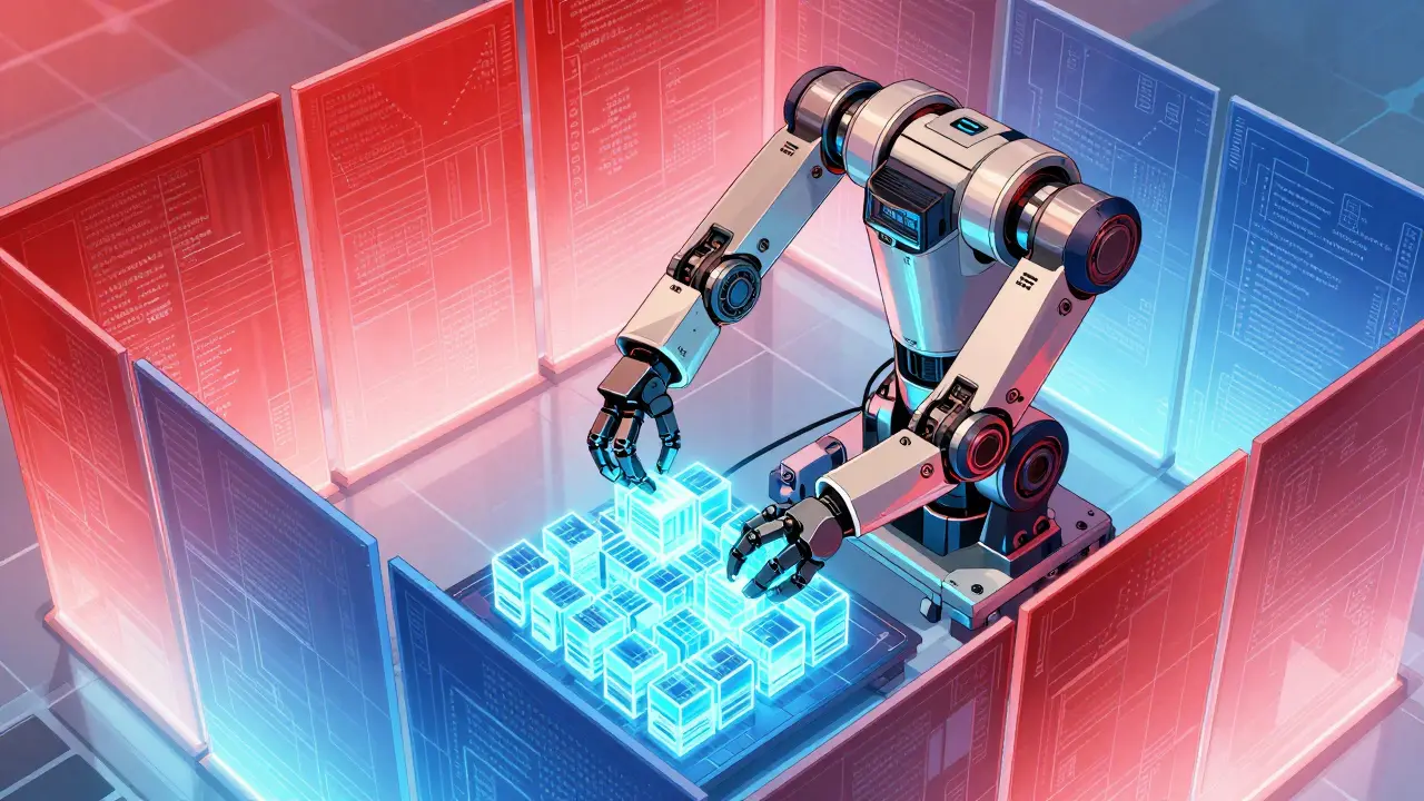 Robot arm organizing glowing data blocks within boundaries.