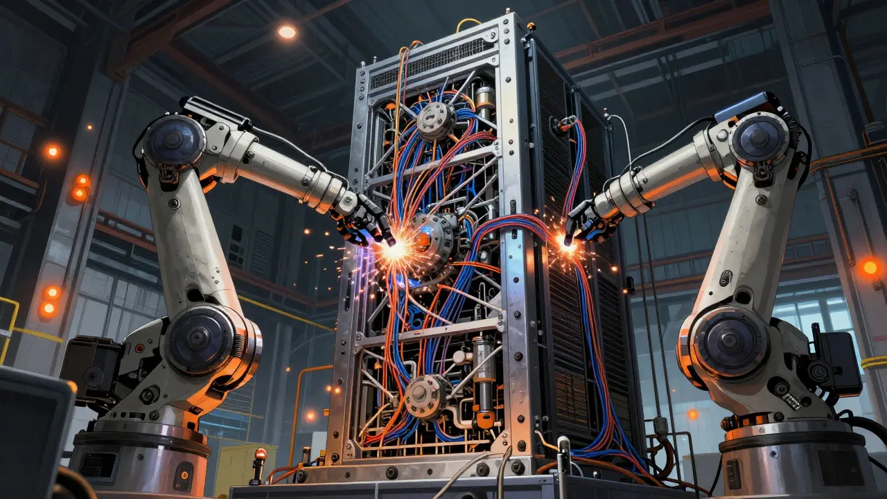 Robotic arms building a complex server architecture structure.