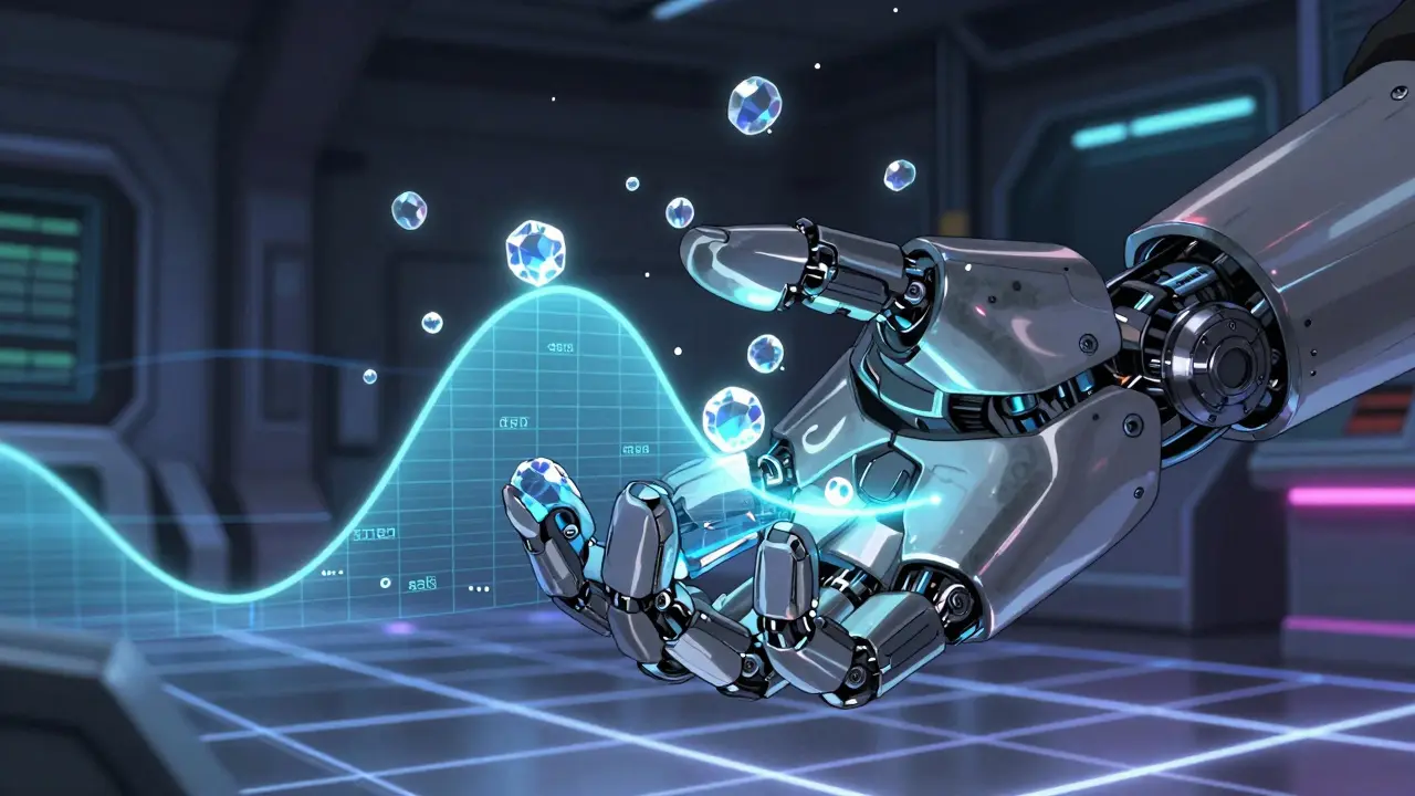 Robotic hand interacting with holographic probability tokens in a lab.