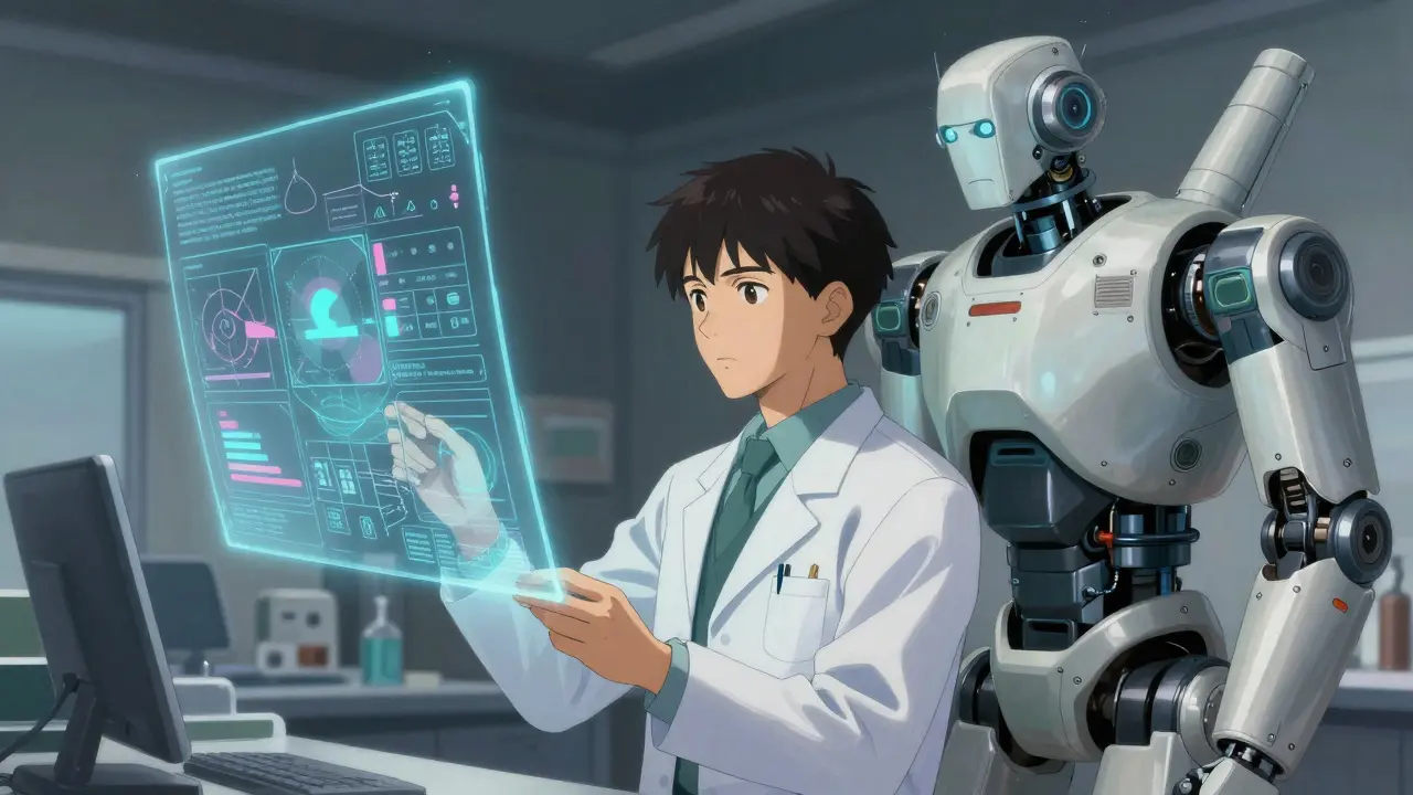 Scientist and robot observing a holographic display together.