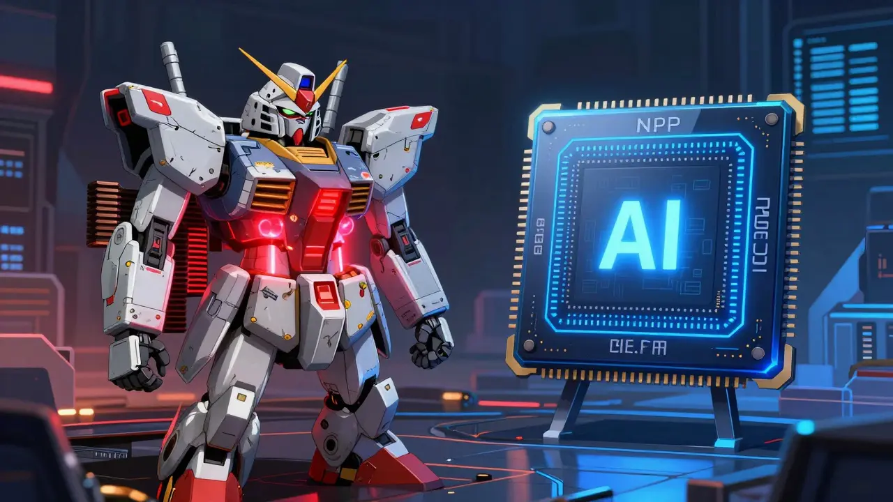 Side view comparing bulky GPU and sleek NPU microchips