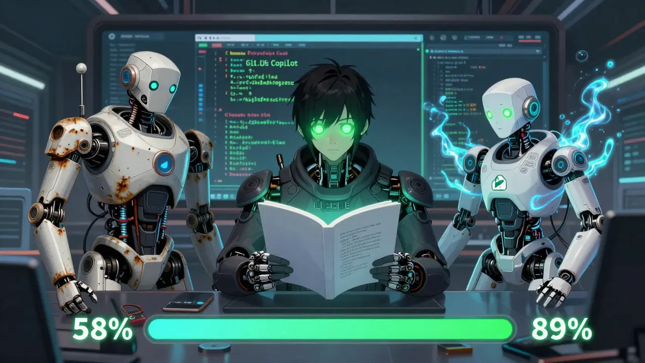 Three AI coding assistants visually represented as machines, one correcting naming errors with high accuracy.