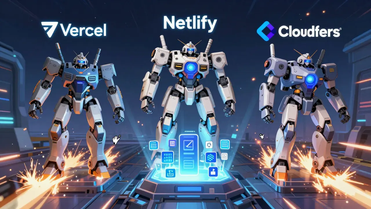 Three robotic deployment platforms race across a digital landscape, each with unique designs and glowing cores representing Vercel, Netlify, and Cloudflare Workers.