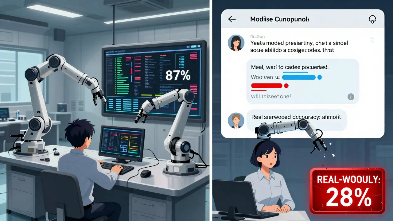 Two-panel scene: engineers optimizing AI in a lab versus the same AI failing in live customer support with latency spikes.