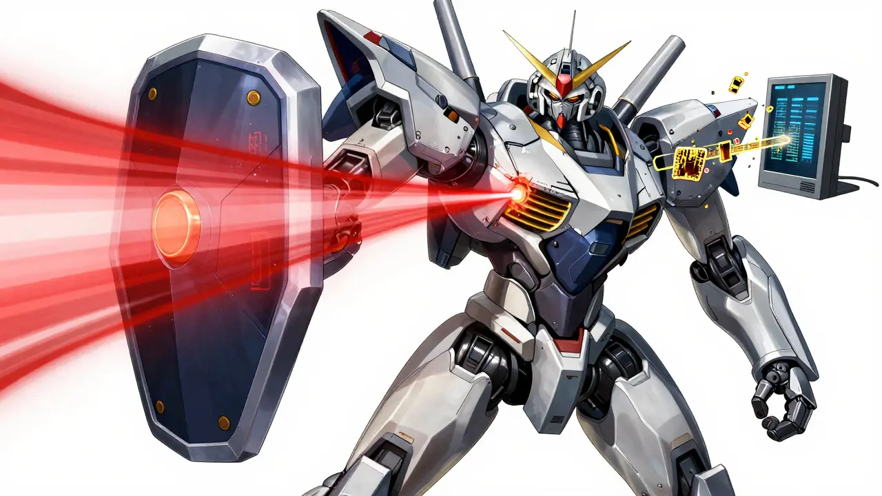 A detailed robot using laser scanners to filter malicious data streams in a layered defense system.