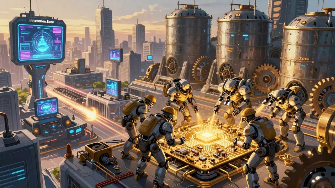 A divided city showing rapid AI development on one side and meticulous human engineering on the other.