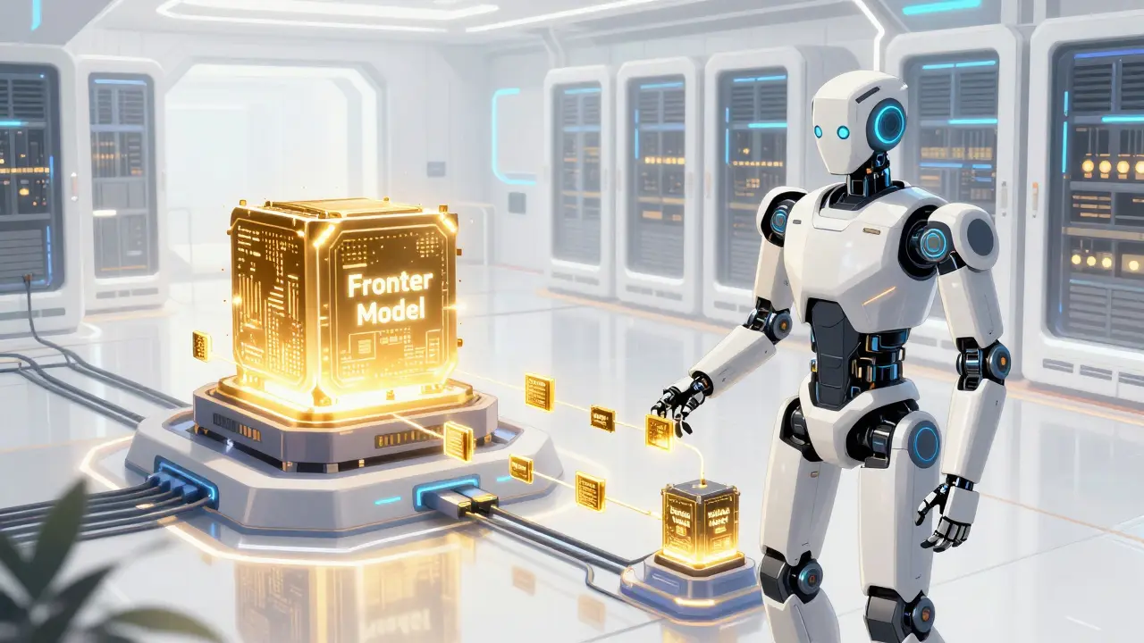 A futuristic data gateway rerouting information between a large AI core and a smaller one.