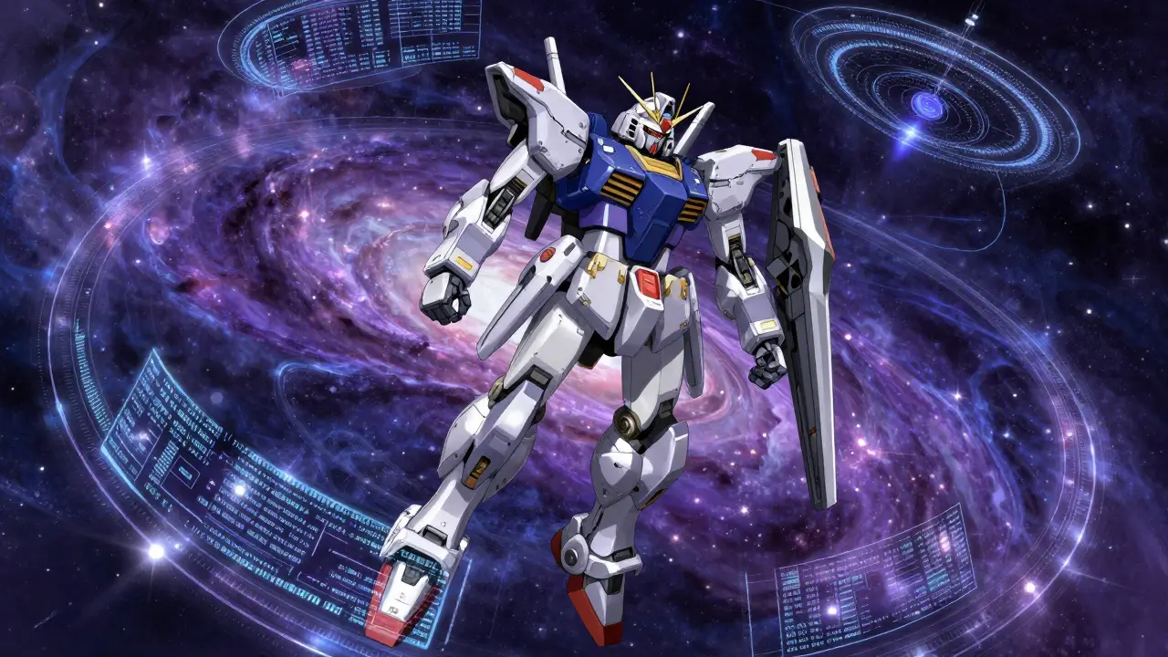 A giant mecha with orbital rings gliding through a cosmic nebula of digital information.