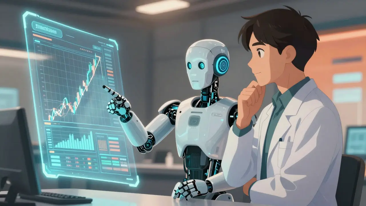 A human specialist and a robot collaborating over a holographic financial data display.