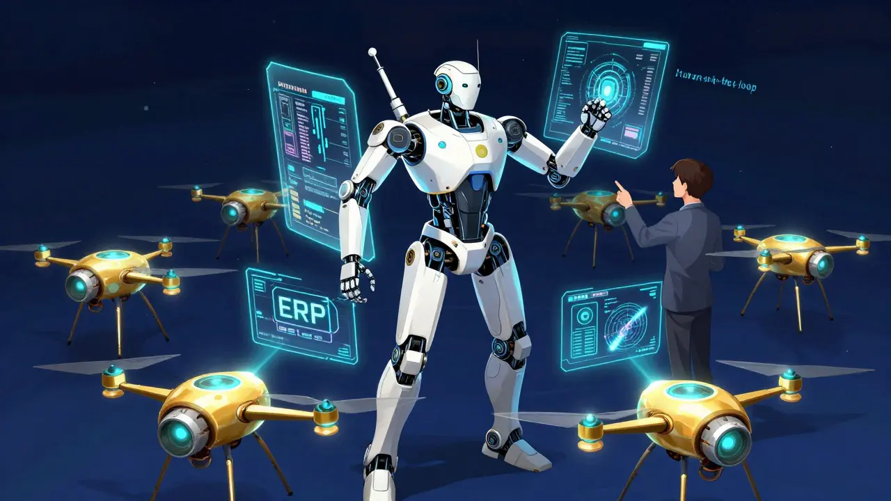 A robot commander managing smaller AI drones with a human supervisor guiding the process.