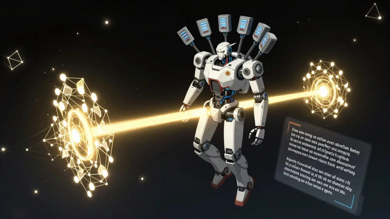 A robot in a digital void connecting two glowing data points with a golden beam of energy.