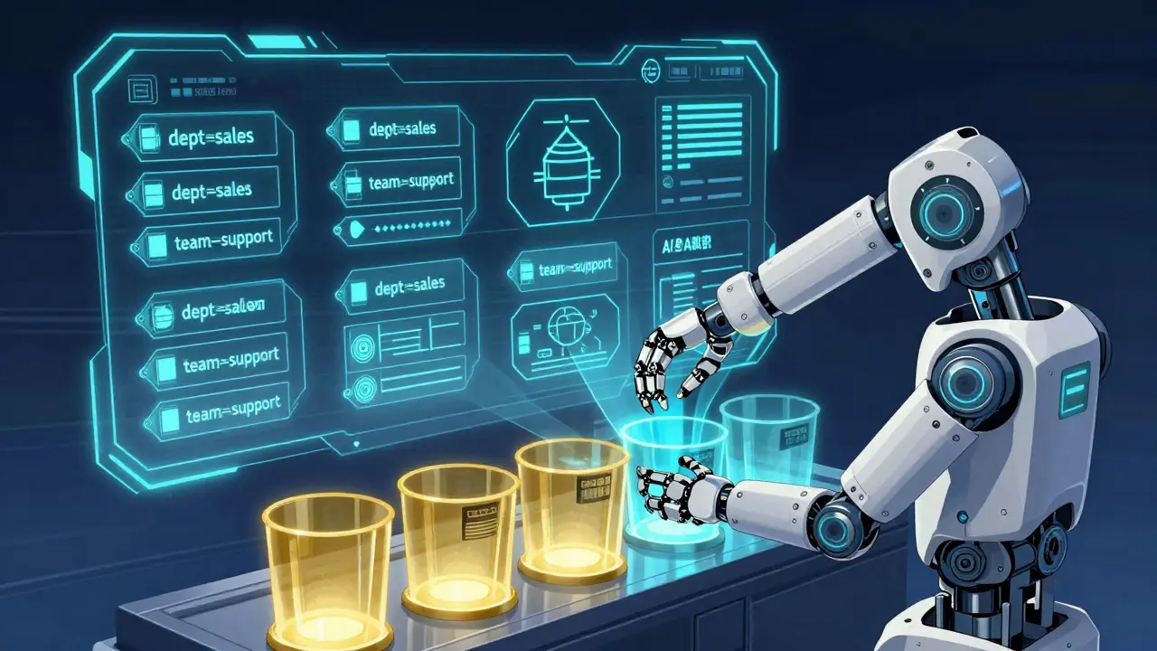 A robotic arm sorting holographic budget tags into categories on a digital interface.