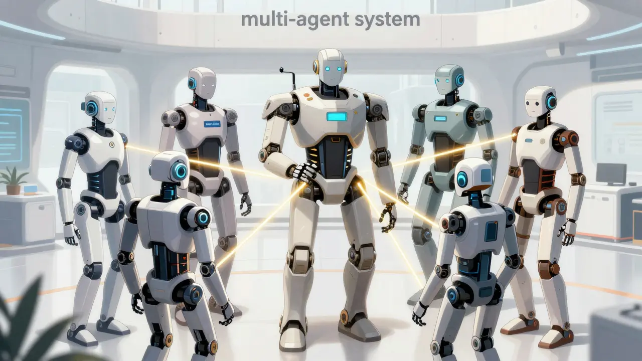 A team of specialized robots collaborating seamlessly in a futuristic corporate environment.
