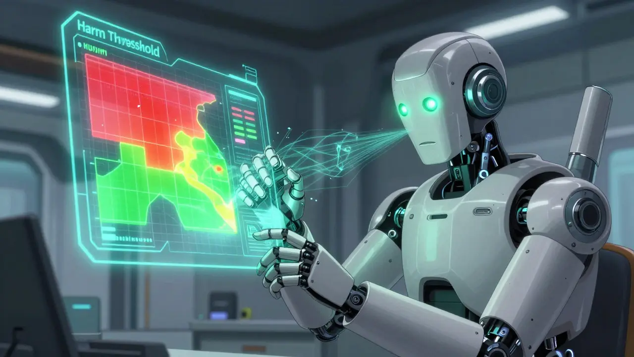 A technician adjusting a holographic harm threshold heat map for a sophisticated robot.