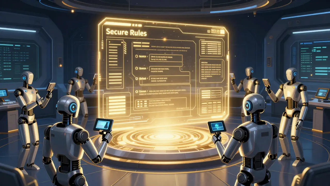 Android team in a command center with a golden holographic security rules file.