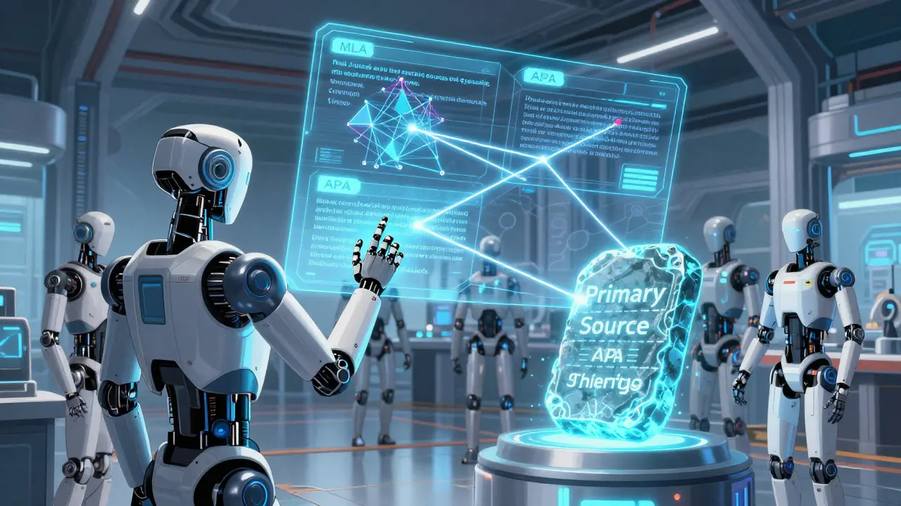 Androids in a high-tech lab linking AI claims to a primary source hologram.