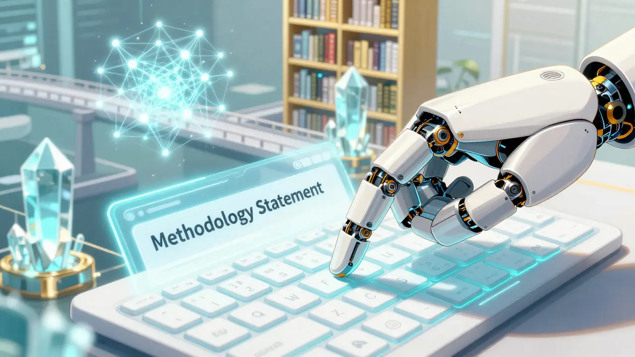 Close-up of a robot hand typing a methodology prompt into a holographic interface.