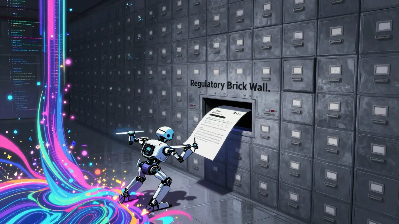 Contrast between fluid AI code and a massive, industrial wall of regulatory bureaucracy.