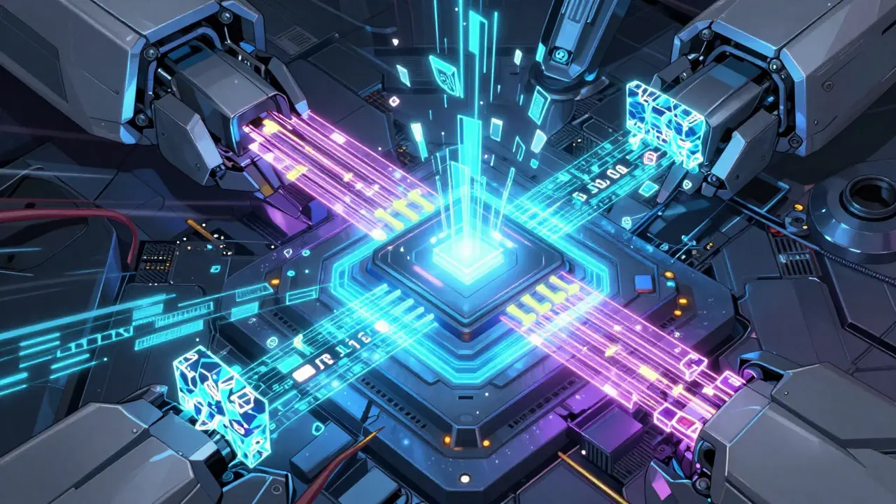 Cybernetic processor organizing chaotic data into structured geometric blocks in a neon environment.