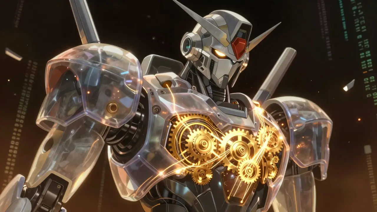 Detailed mecha robot core with golden gears and flowing data threads representing connectivity.