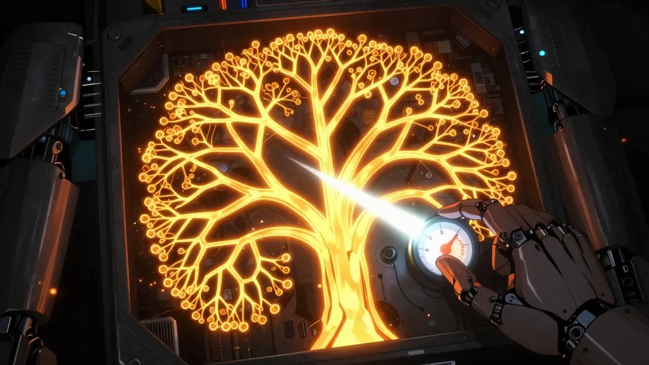 Detailed view of a robot's internal probability tree with a glowing temperature dial